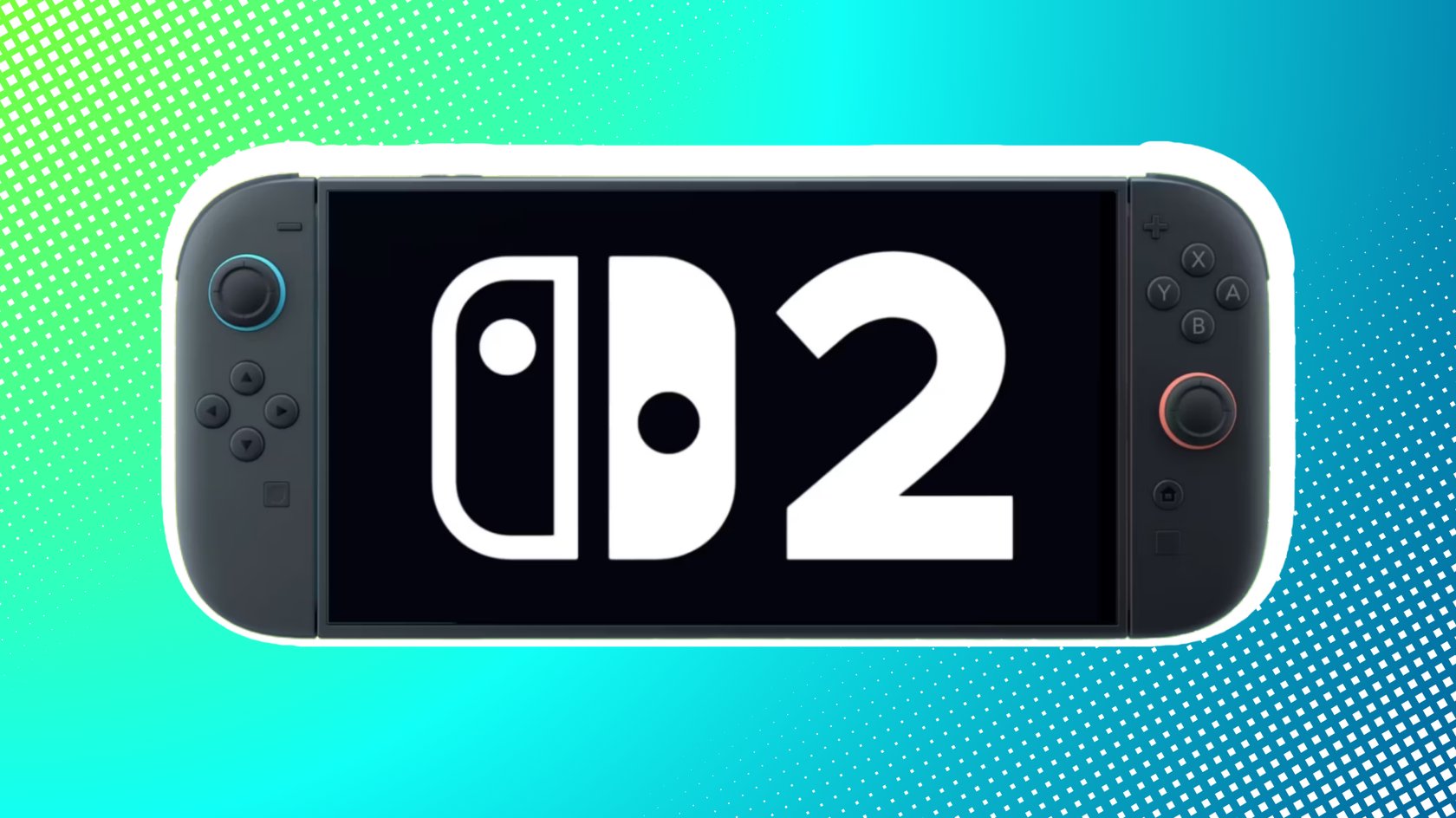 Nintendo Switch 2 mit dem Switch 2 Logo auf dem Display vor einem blaugrünen Hintergrund.