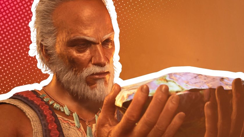Ein Nebencharakter aus Monster Hunter Wilds, wie er ein seltenes Erz vor sich hält.