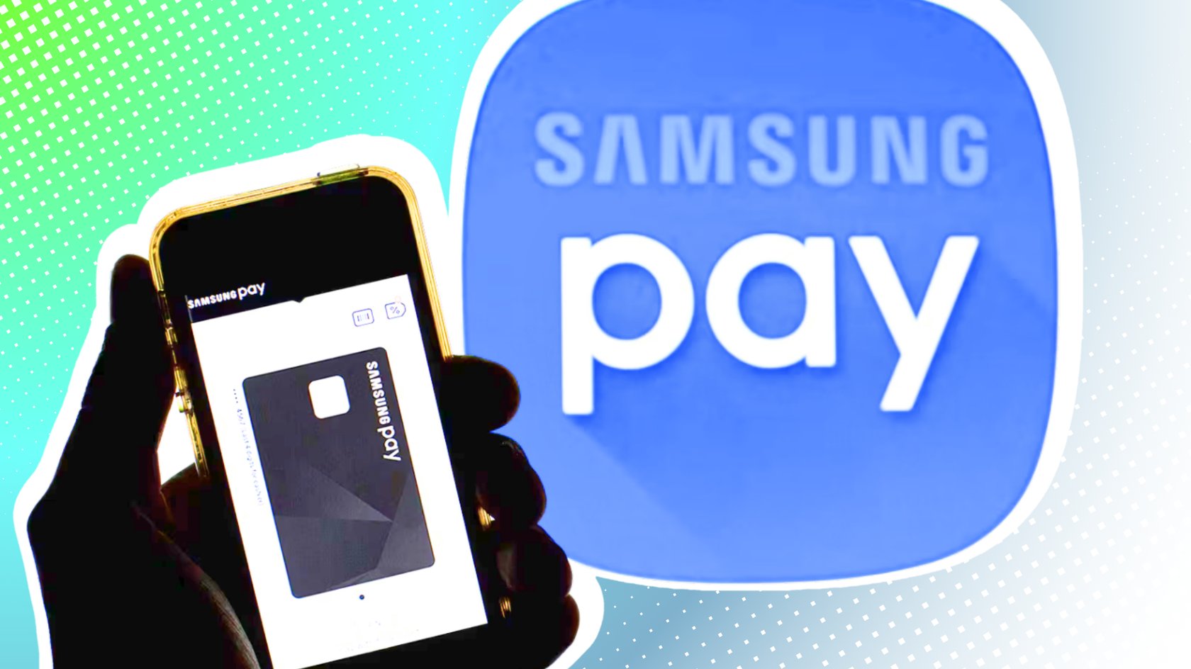 Samsung Pay auf dem Display eines Smartphones, das von einer Hand gehalten wird. Großes Samsung Pay Logo rechts neben dem Smartphone.