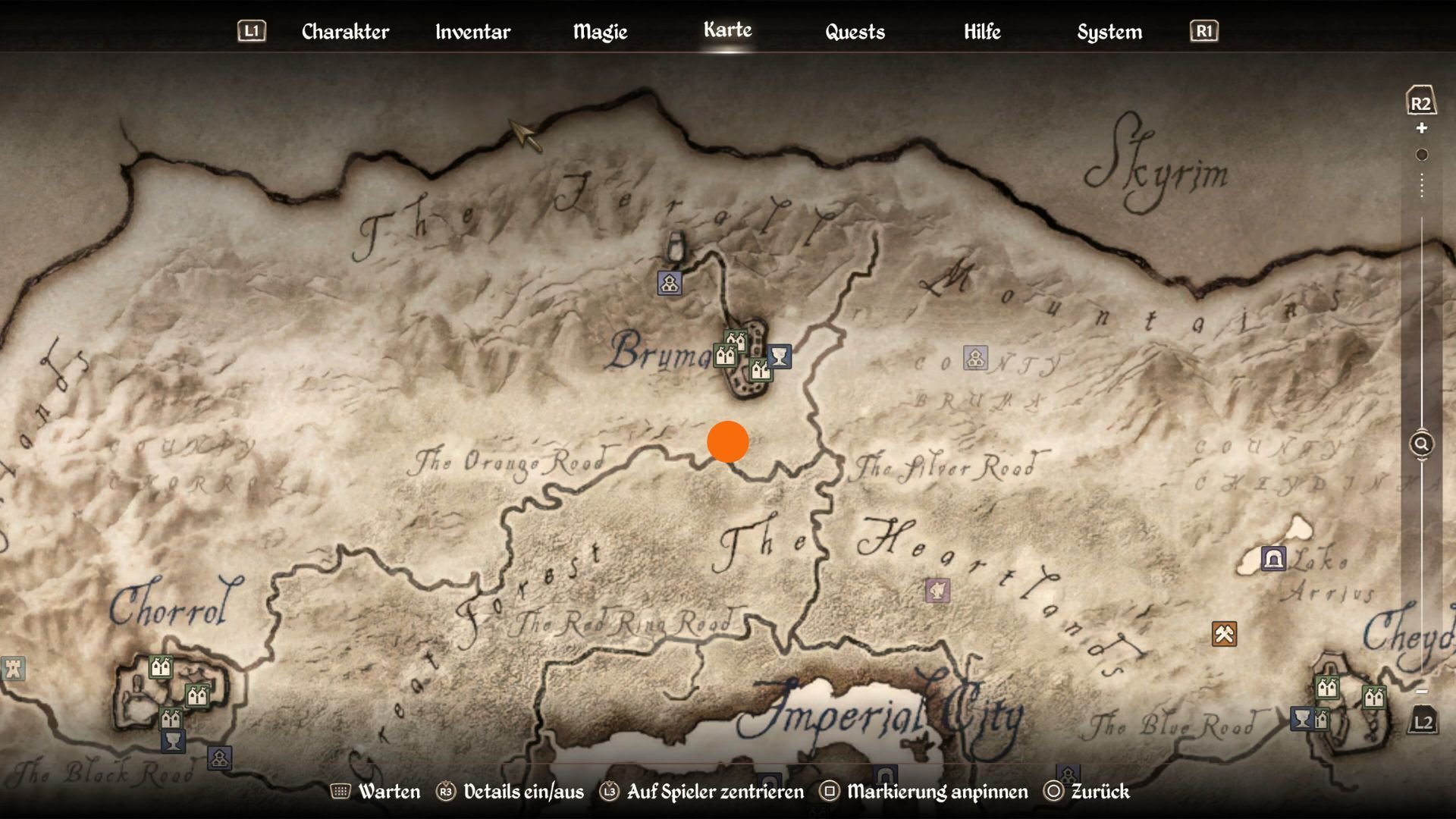 Fundort des Wegschreins Akatosh markiert mit einem orangen Punkt auf der Karte von Oblivion Remastered