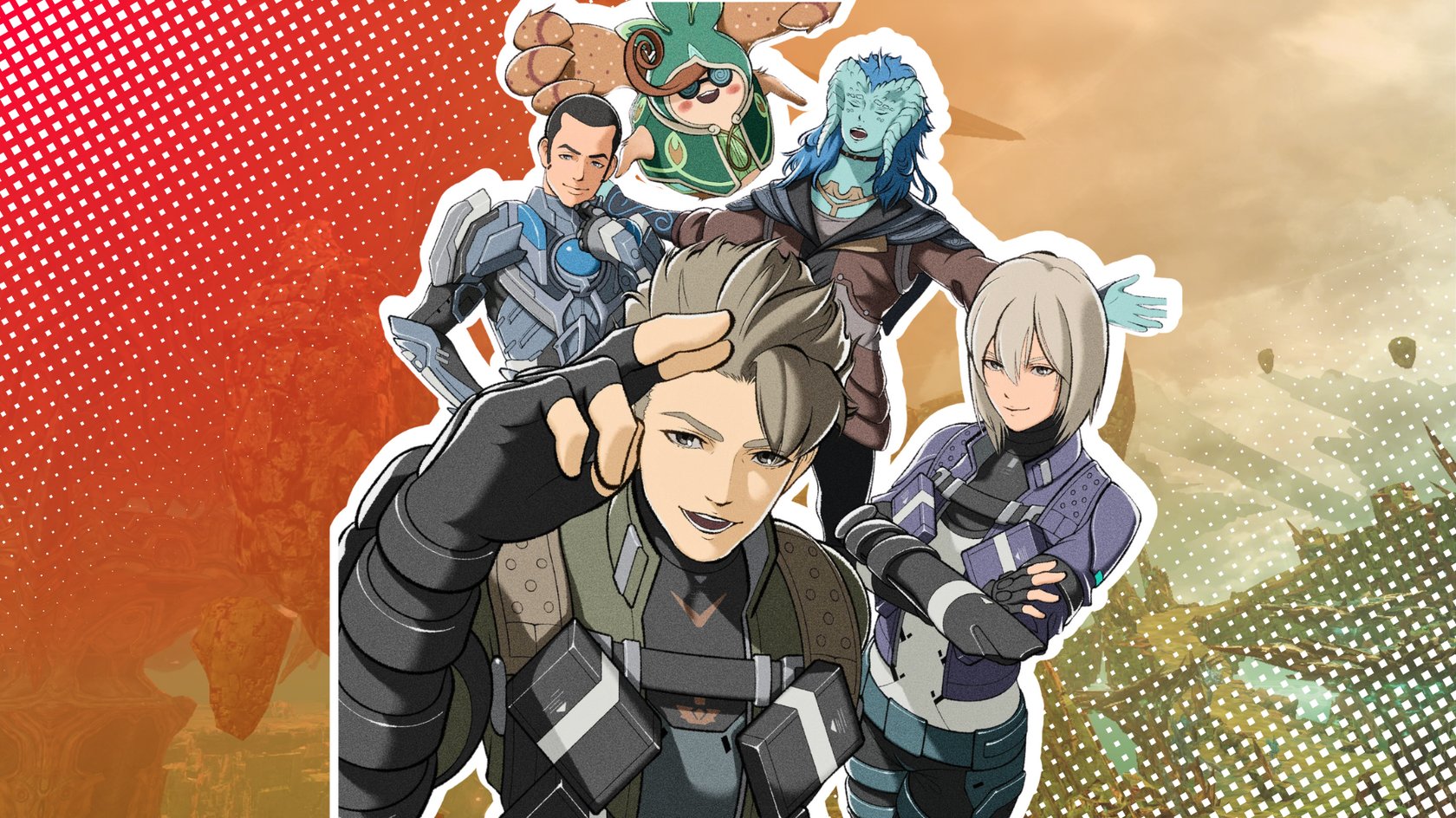 Eine Gruppe von fünf Charakteren in futuristischen und fantastischen Kostümen steht vor einem Hintergrund mit einem roten und orangefarbenen Punktmuster. Einer der Charaktere hat eine blaue Haut und lange blaue Haare, ein anderer trägt eine grüne Rüstung mit einem grossen, gepanzerten Arm.