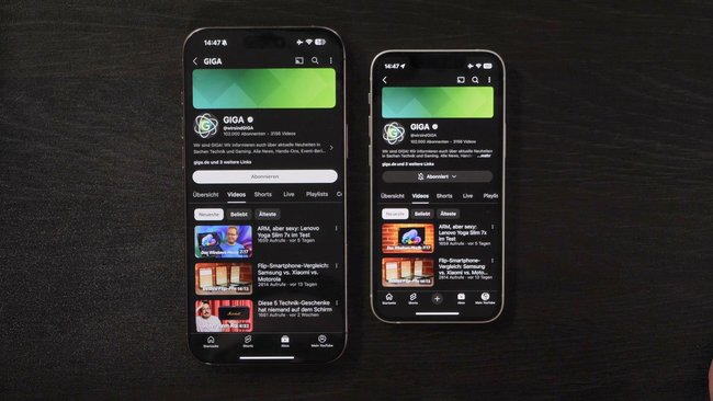 YouTube auf iPhone 16 Pro Max und iPhone 13 mini: Das kleinere iPhone lässt unten in der Übersicht einen Eintrag weg.