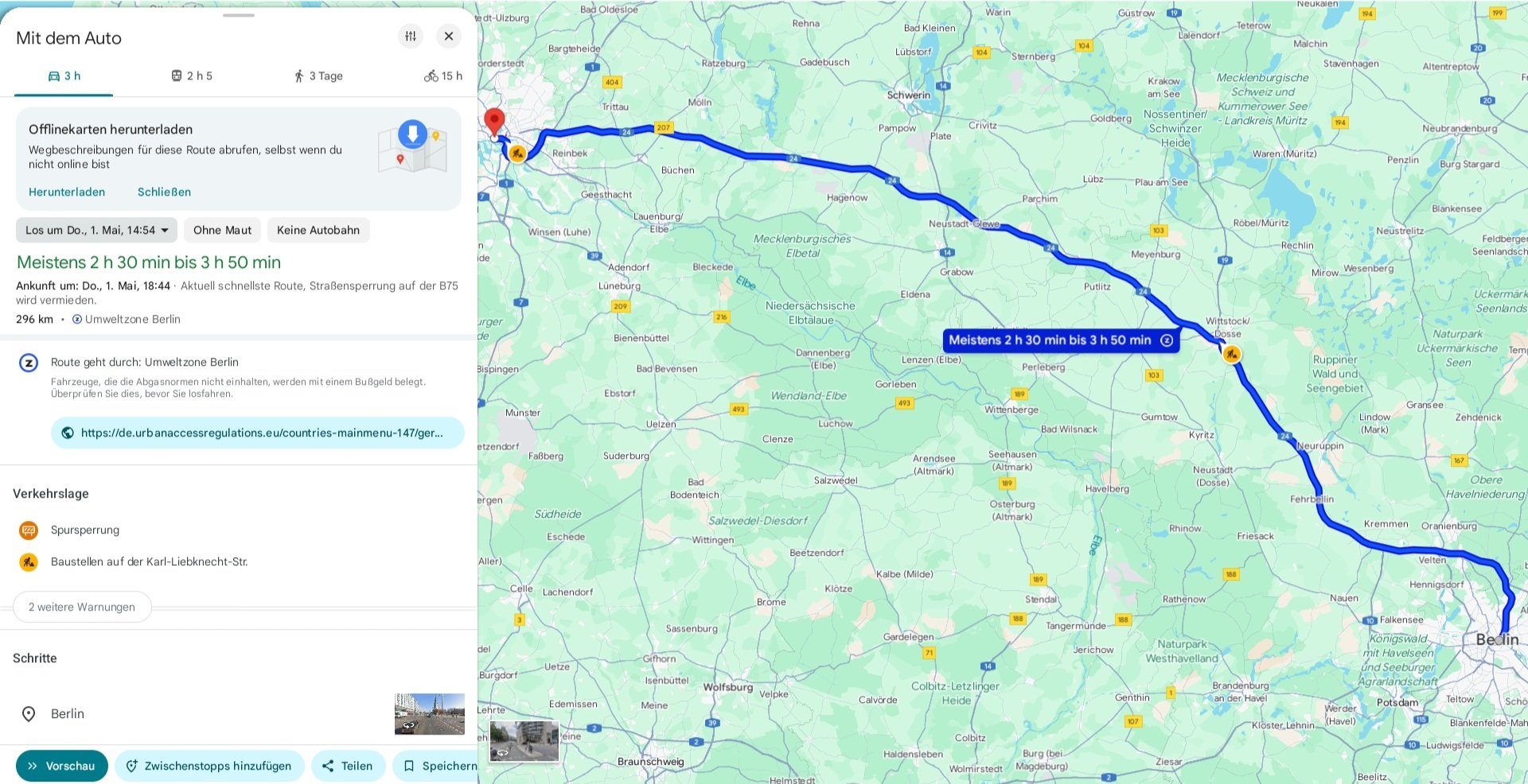 Seitenausschnitt einer Navigation mit Google Maps