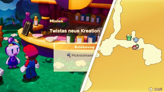 Nebenmission „Twistas neue Kreation“ und der Fundort der Zielperson in Mario & Luigi: Brothership.