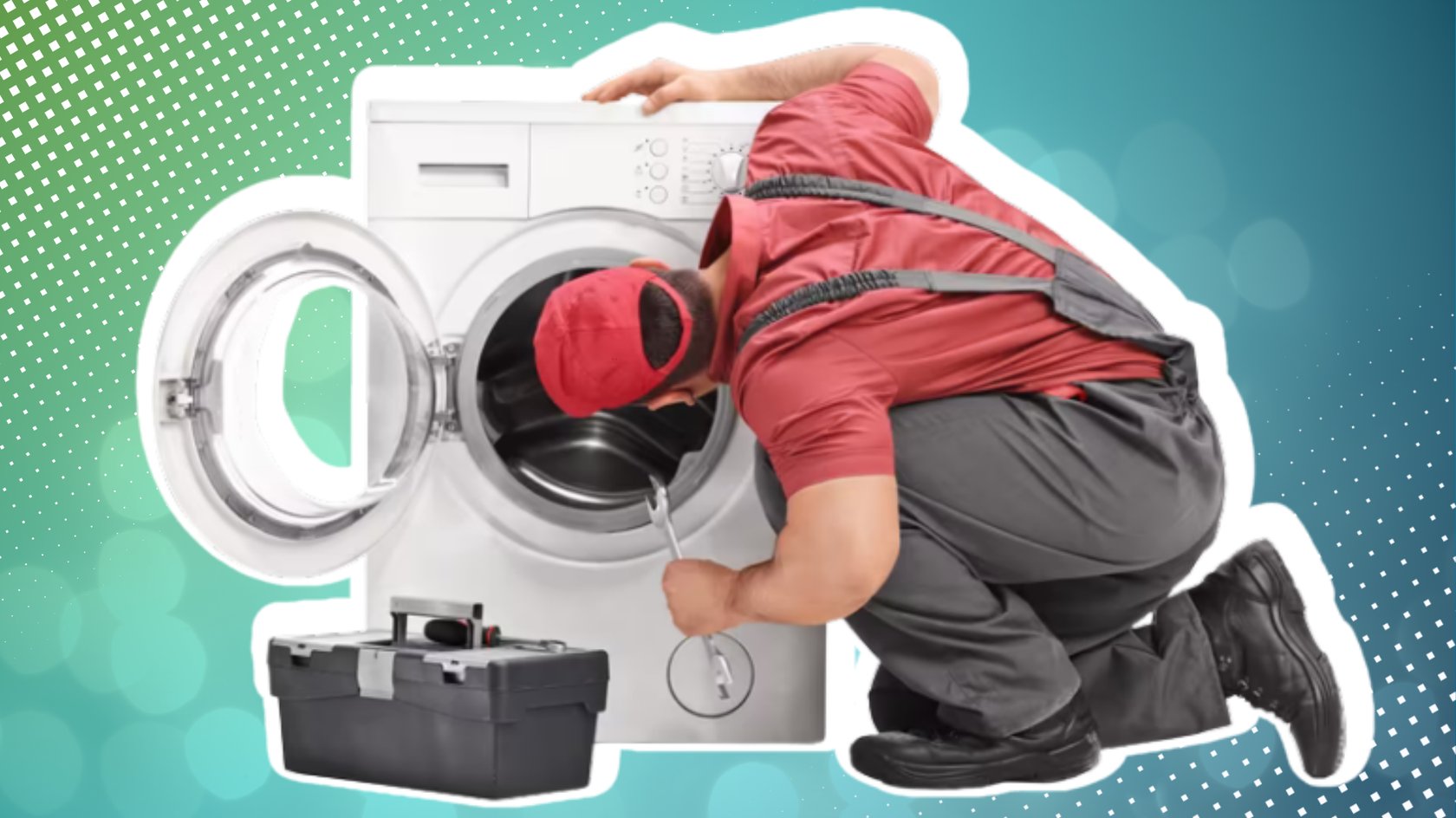 Junger Mechaniker, der eine Waschmaschine untersucht und einen Schraubenschlüssel hält.