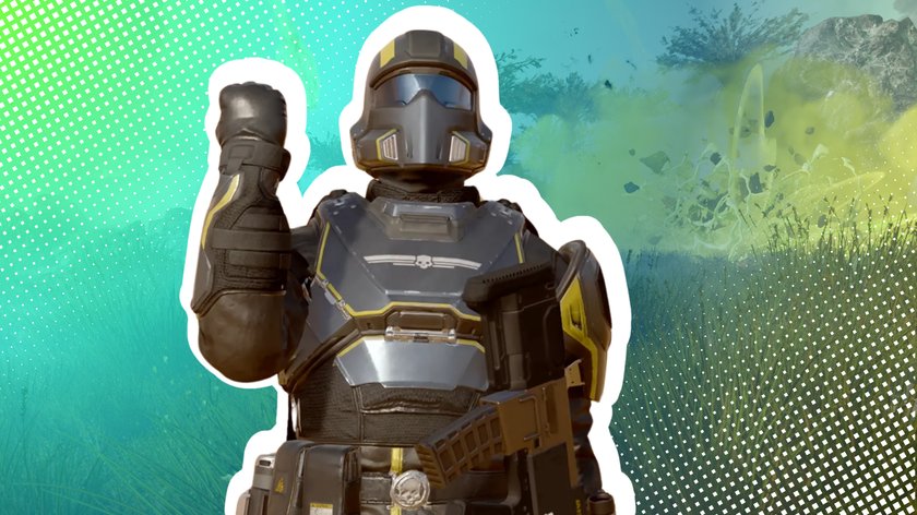 Soldat aus Helldivers 2 vor einem grünen Hintergrund