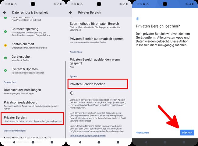 So löscht ihr den privaten Bereich inklusiver aller privater Apps.