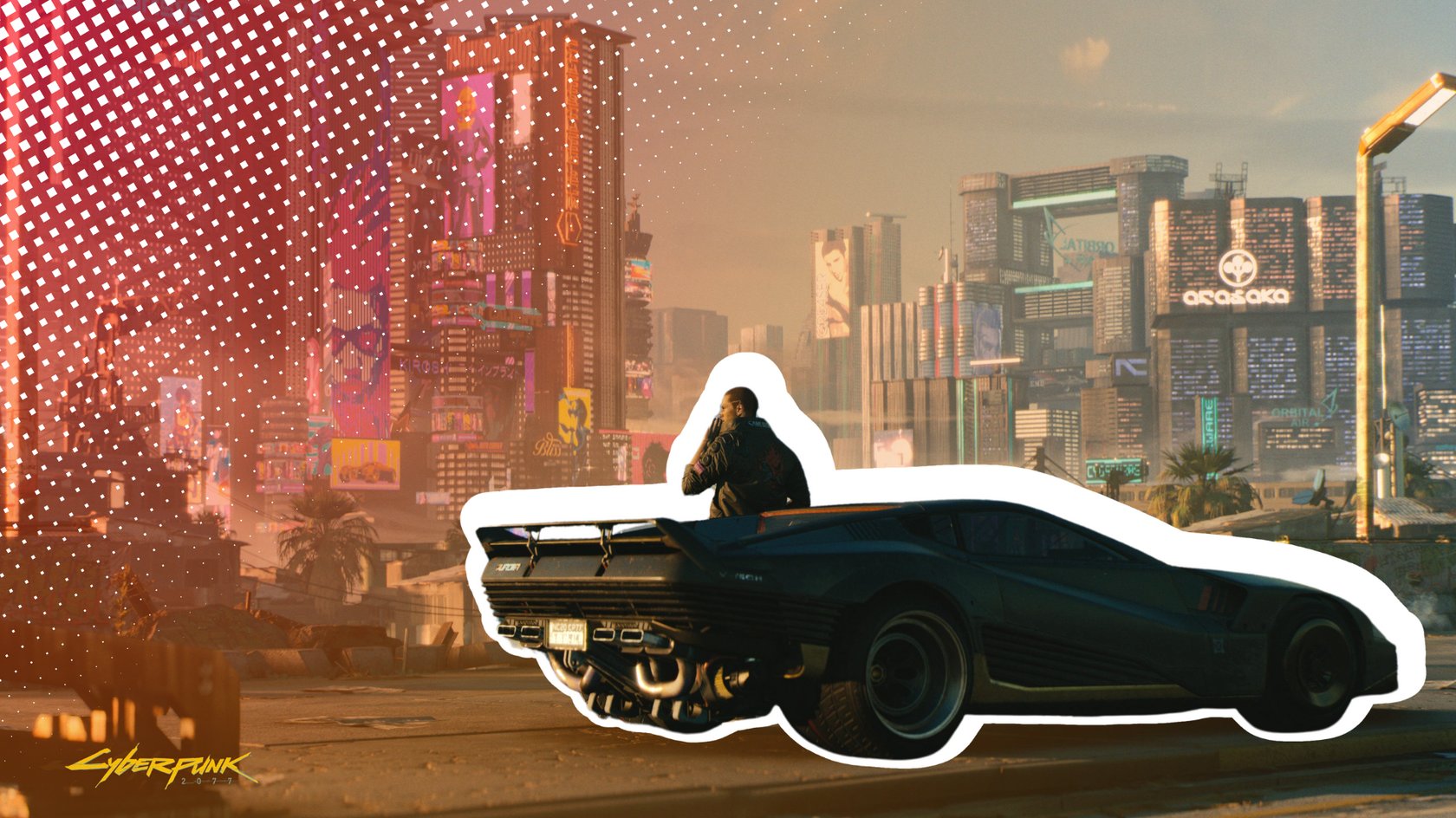 V lehnt an einem Auto und schaut auf Nightcity.