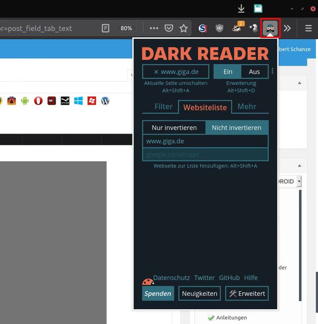 Plugin Dark-Reader: Hier schaltet ihr den Dark-Mode ein oder aus.