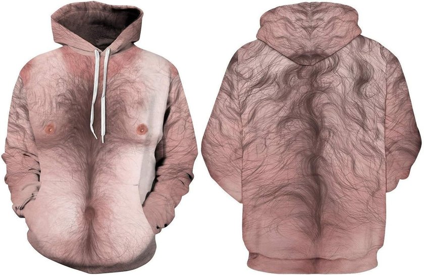 Vorder- und Rückansicht eines Kapuzenpullovers mit einem fotorealistischen Aufdruck eines behaarten Männeroberkörpers mit Brustwarzen und Bauch.