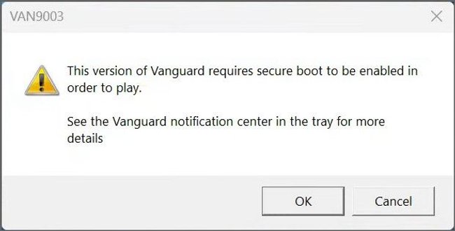 Vanguard: Laut Fehler ist Secure-Boot in den BIOS-Einstellungen deaktiviert.