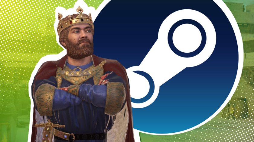 König aus Crusader Kings 3 vor dem Steam-Logo.