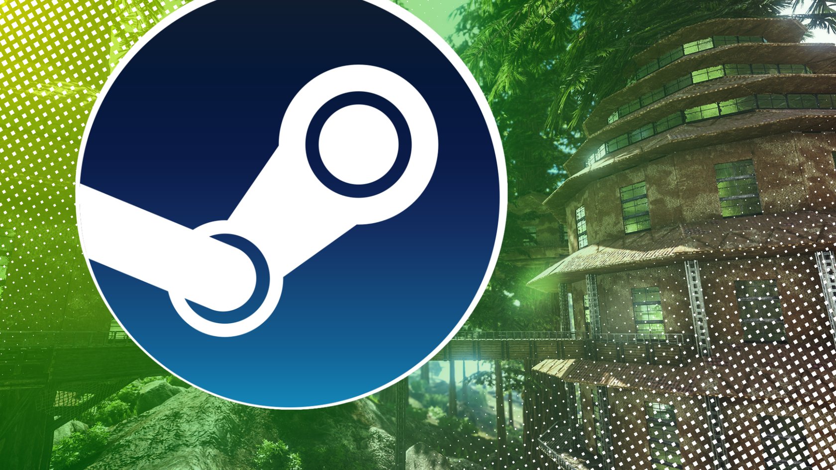 Steam-Logo vor einem Screenshot aus ARK: Survival Evolved, der ein Baumhaus zeigt.