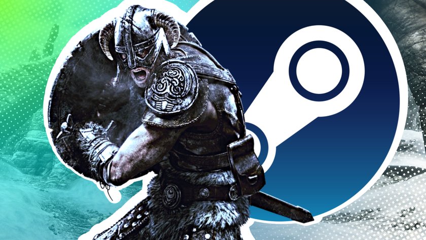 Drachenblut aus Skyrim, im Begriff das Schwert zu ziehen und schreiend, vor dem Steam-Logo.