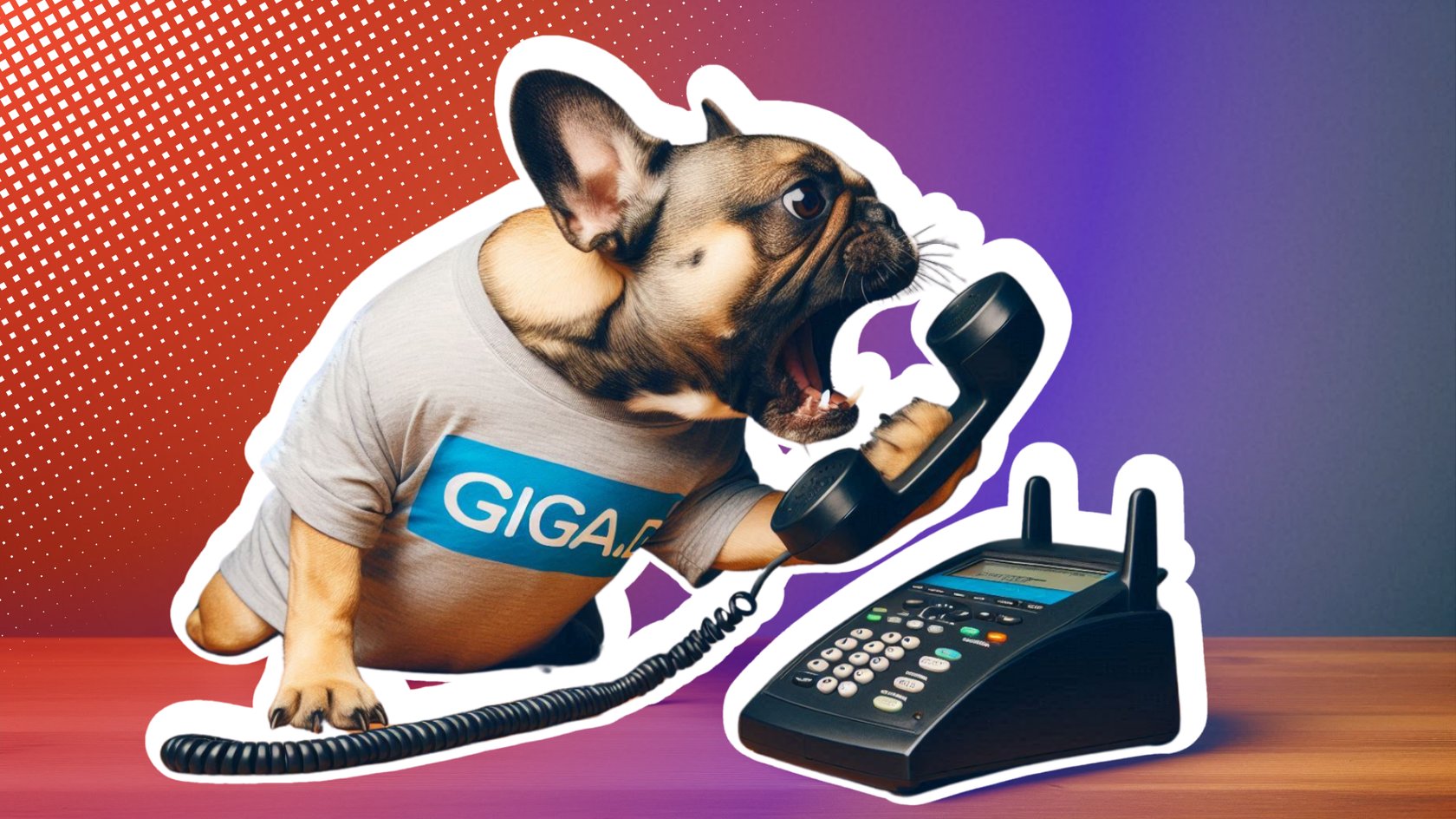 Ein Französische Bulldogge trägt ein graues T-Shirt mit dem blauen Wort "GIGA" darauf und hält einen schwarzen Festnetzapparat mit bellend in der Hand, während sie auf einem Holztisch steht.
