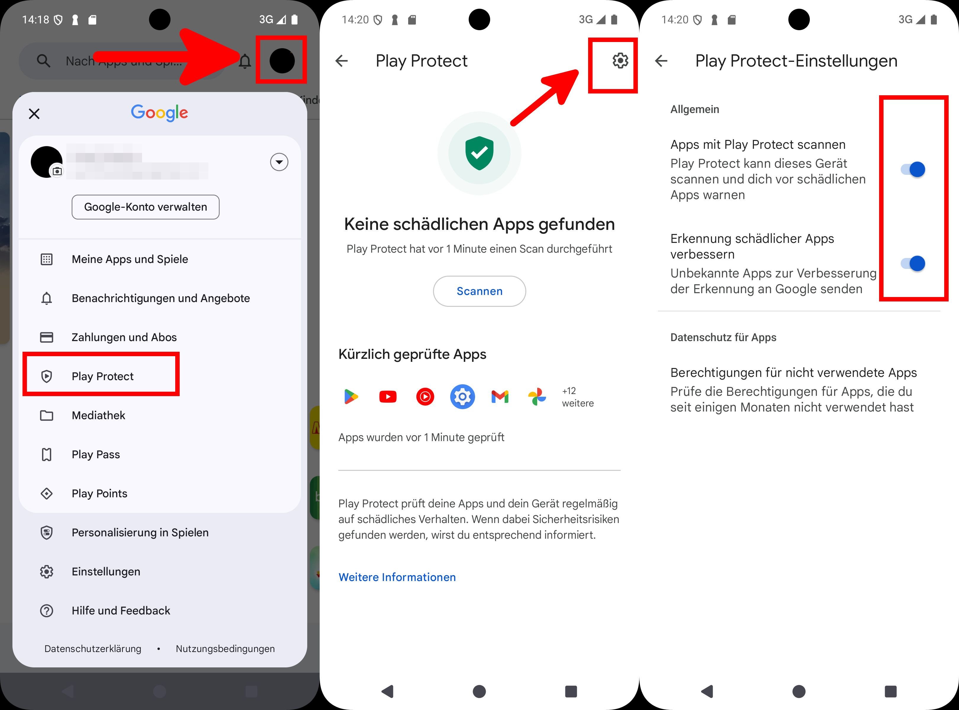 Screenshots, um „Play Protect“ ein- oder auszuschalten.