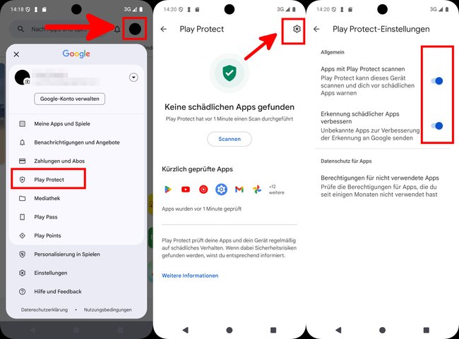 Screenshots, um „Play Protect“ ein- oder auszuschalten.