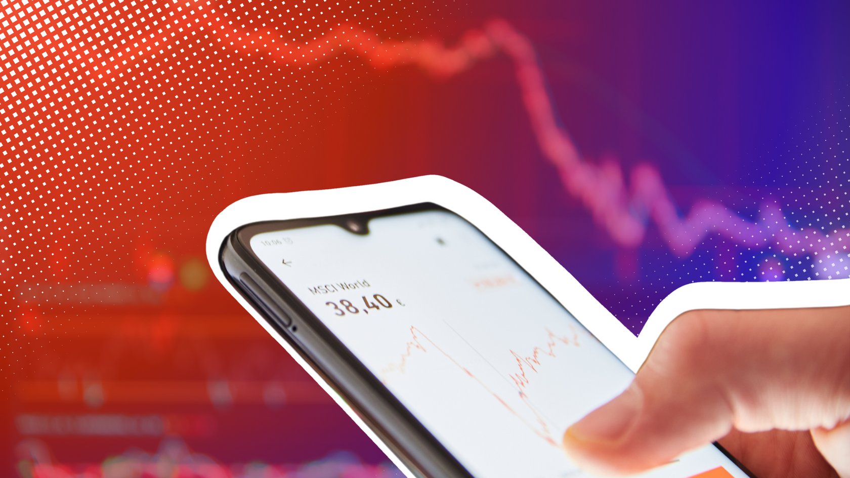 Person checking the stock prices on a smartphone in front of a big screen market rates. Person viewing share prices on a, Person checking the stock prices on a smartphone in front of a big screen market rates. Person viewing share prices on a smartphone with market prices on a screen in the background