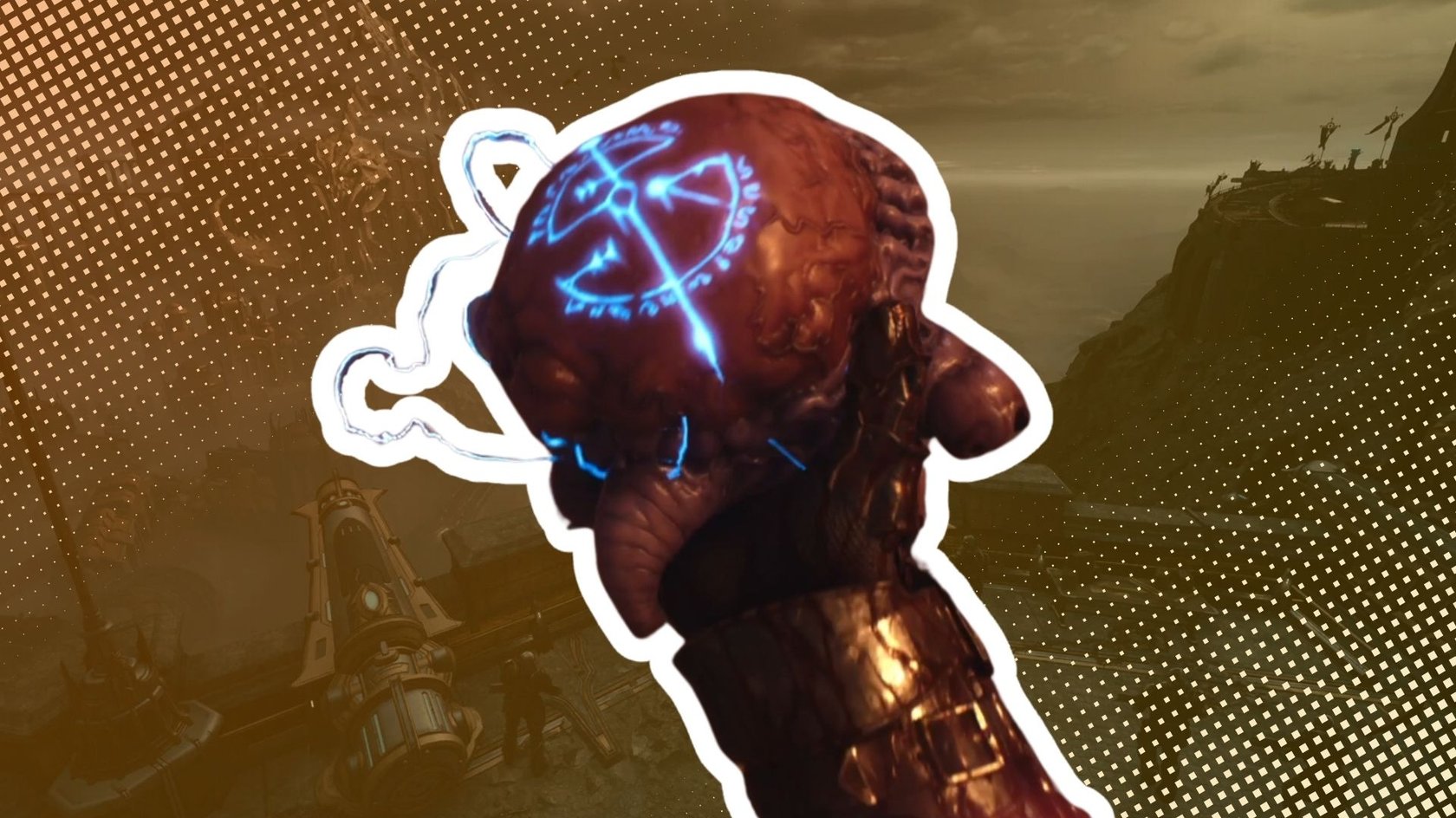 Eine rechte Hand hält ein Dämonenherz fest, das ein leuchtendes blaues Symbol eingraviert hat. Der Hintergrund ist stilisiert mit einem orangen Filter und geometrischem Punktraster, das eine düstere Fantasy-Landschaft andeutet.