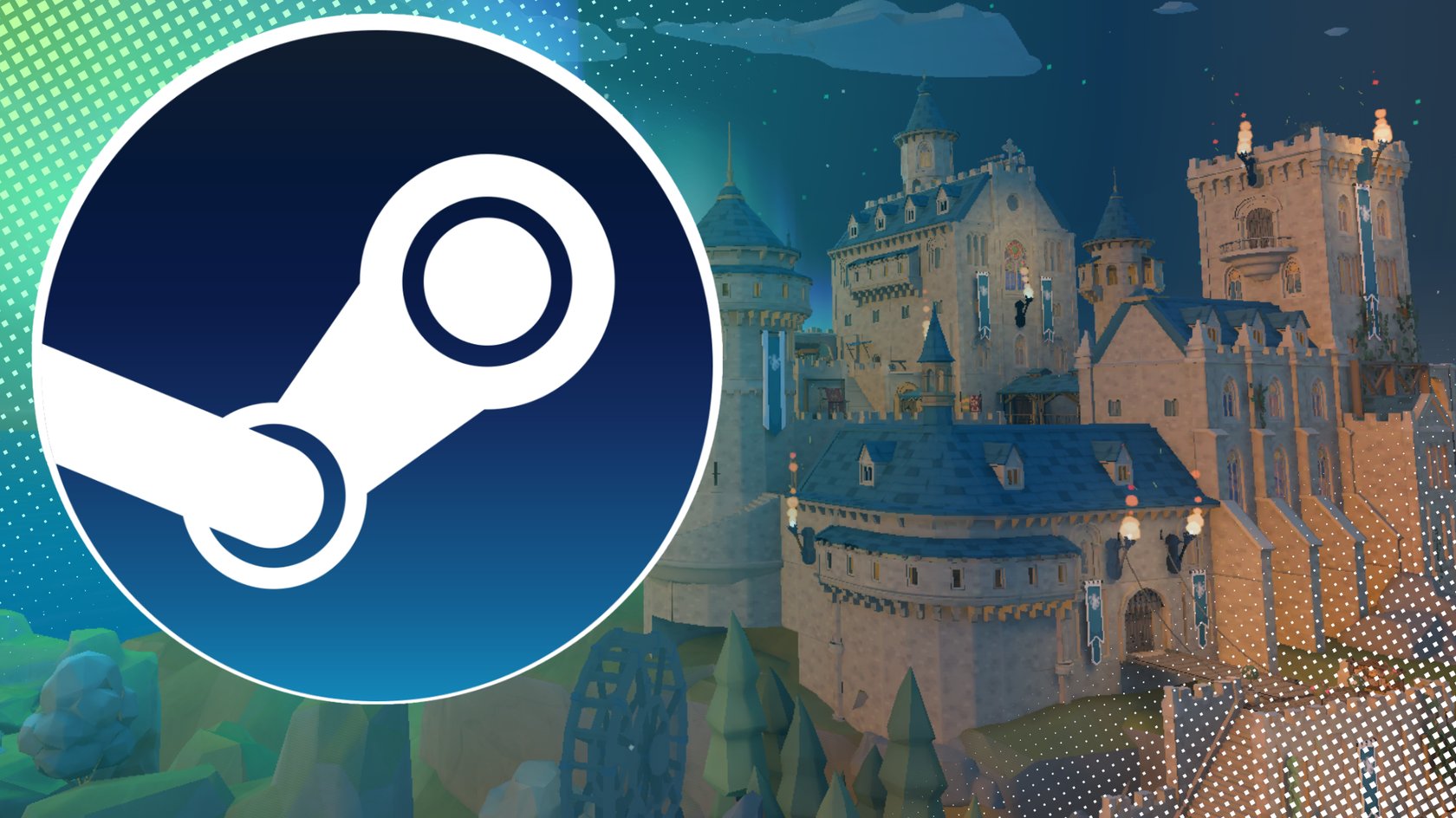 Burg aus Nordhold, im Vordergrund das Steam-Logo.