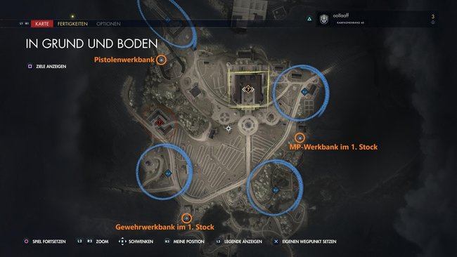 Das Bild zeigt die Map der Mission „In Grund und Boden“. Auf der Karte sind die Fundorte der Werkbänke markiert.