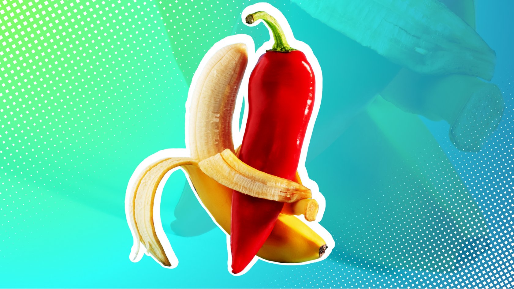 Die Banane umarmt die rote Paprika.