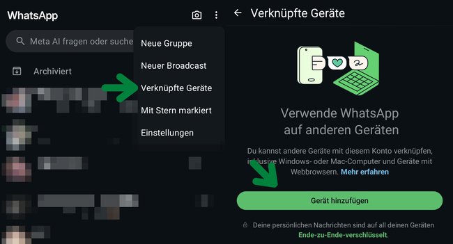 Über "Verknüpfte Geräte" könnt ihr euch am PC mit WhatsApp Web und dem Desktop-Client verbinden