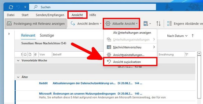 Outlook: Hier stellt ihr die Standard-Ansicht wieder her.