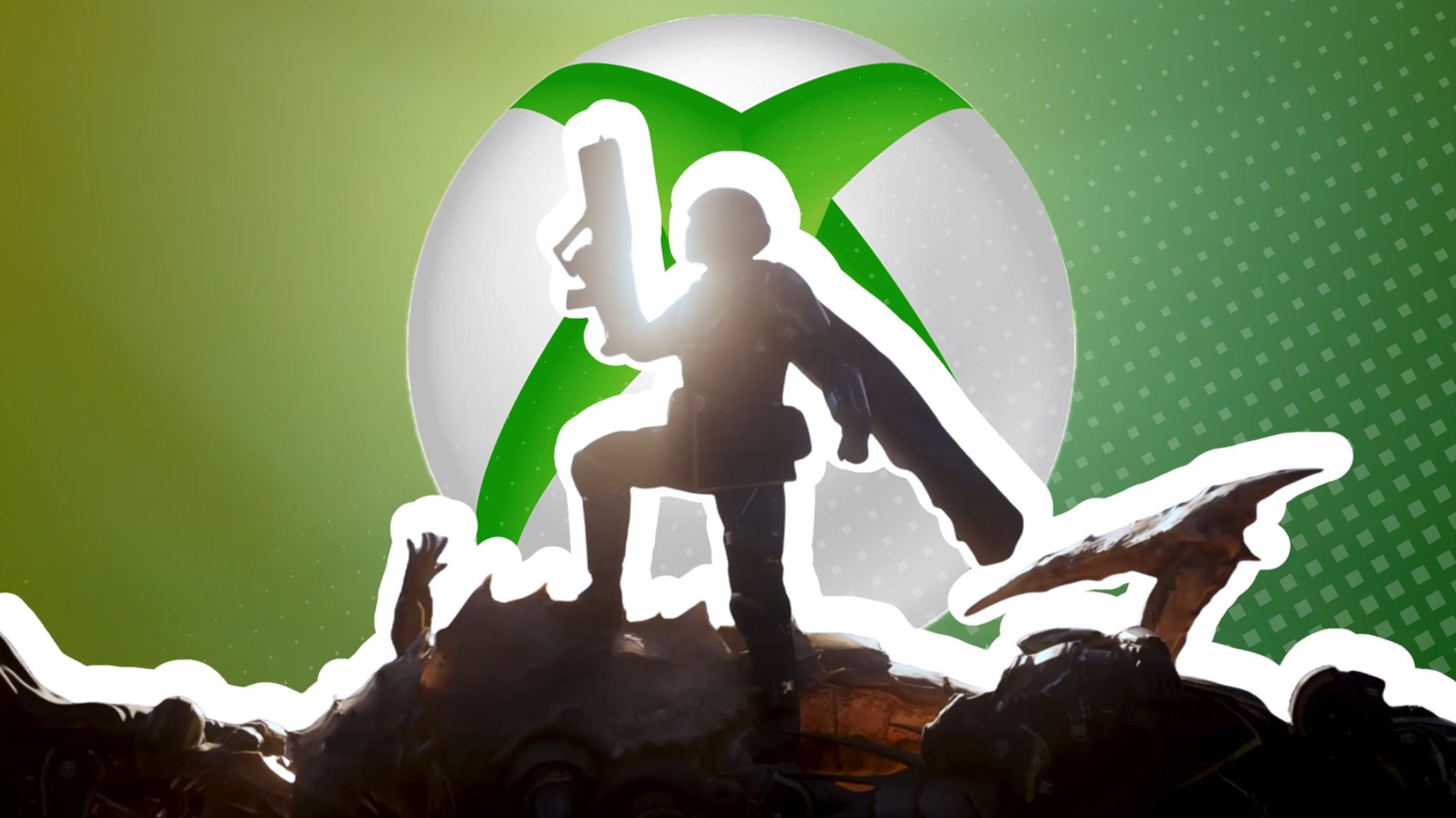 Helldivers auf Berg von Bugs, Xbox-Logo im Hintergrund