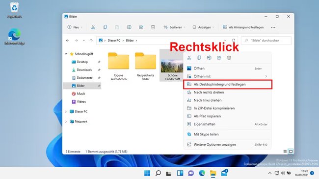 Windows-Fenster mit Kontextmenü auf Bild und „Als Desktophintergrund festlegen“ ist markiert.