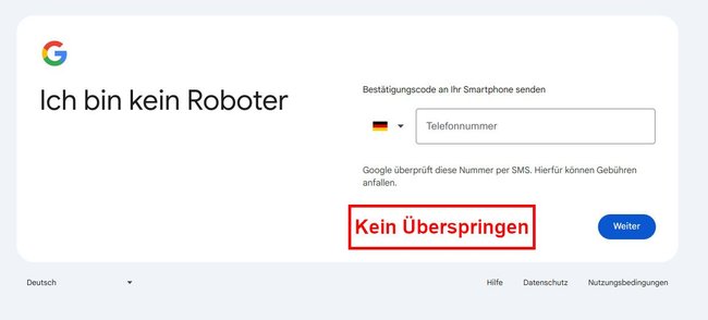 Bei der Google-Konto-Erstellung kann man die Telefonnummer-Angabe nicht mehr überspringen.