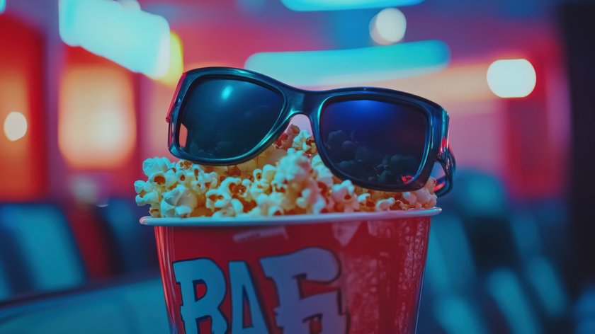 3D-Brille und Popcorn im Kino.