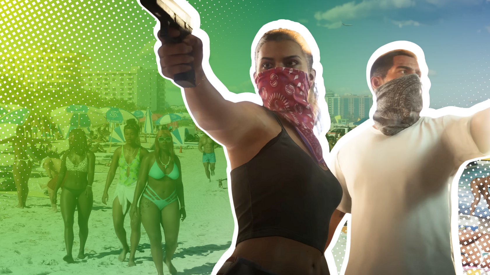 Lucia und Jason aus GTA 6 mit gezogenen Pistolen, im Hintergrund der Strand aus dem Trailer für GTA 6. 