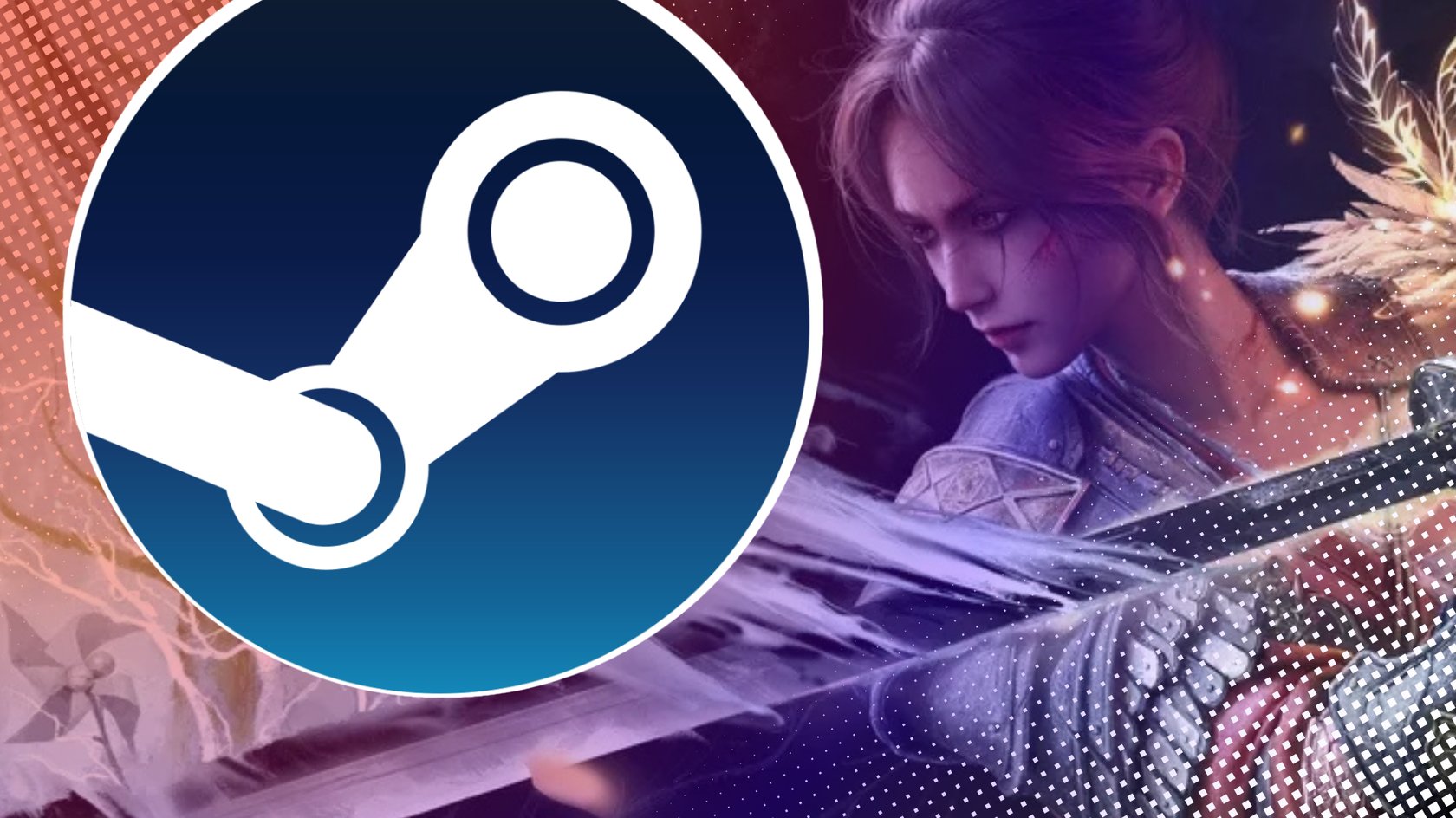 Steam-Logo vor einem Artwork aus Wuchang: Fallen Feathers, der die Protagonistin mit einem Schwert zeigt.
