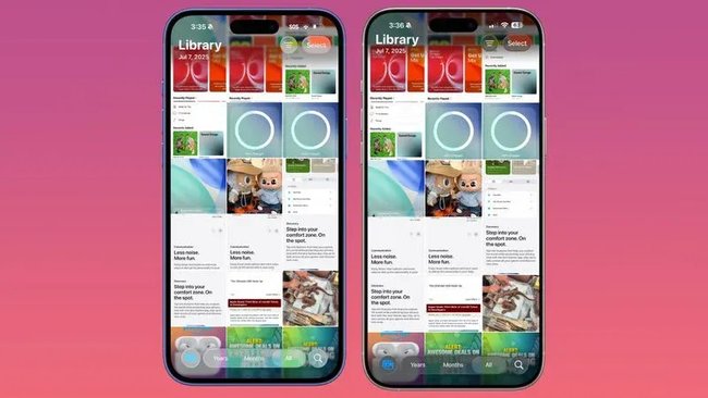 Veränderungen an der Benutzeroberfläche in den Betas für iOS 26, zwei Smartphones mit der Foto-App offen, auf dem rechten Handy, sind die Hintergründe für die UI-Elemente dunkler.