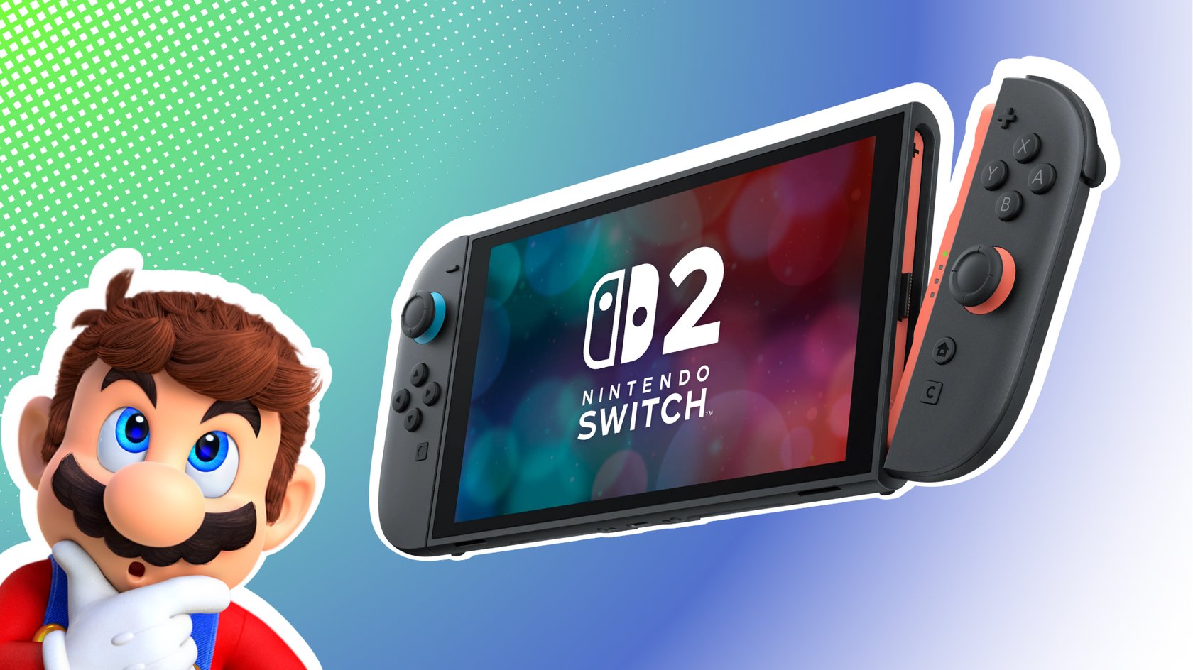 Nintendo-Maskottchen Mario mit verwundertem Blick schaut auf die Nintendo Switch 2 Konsole.