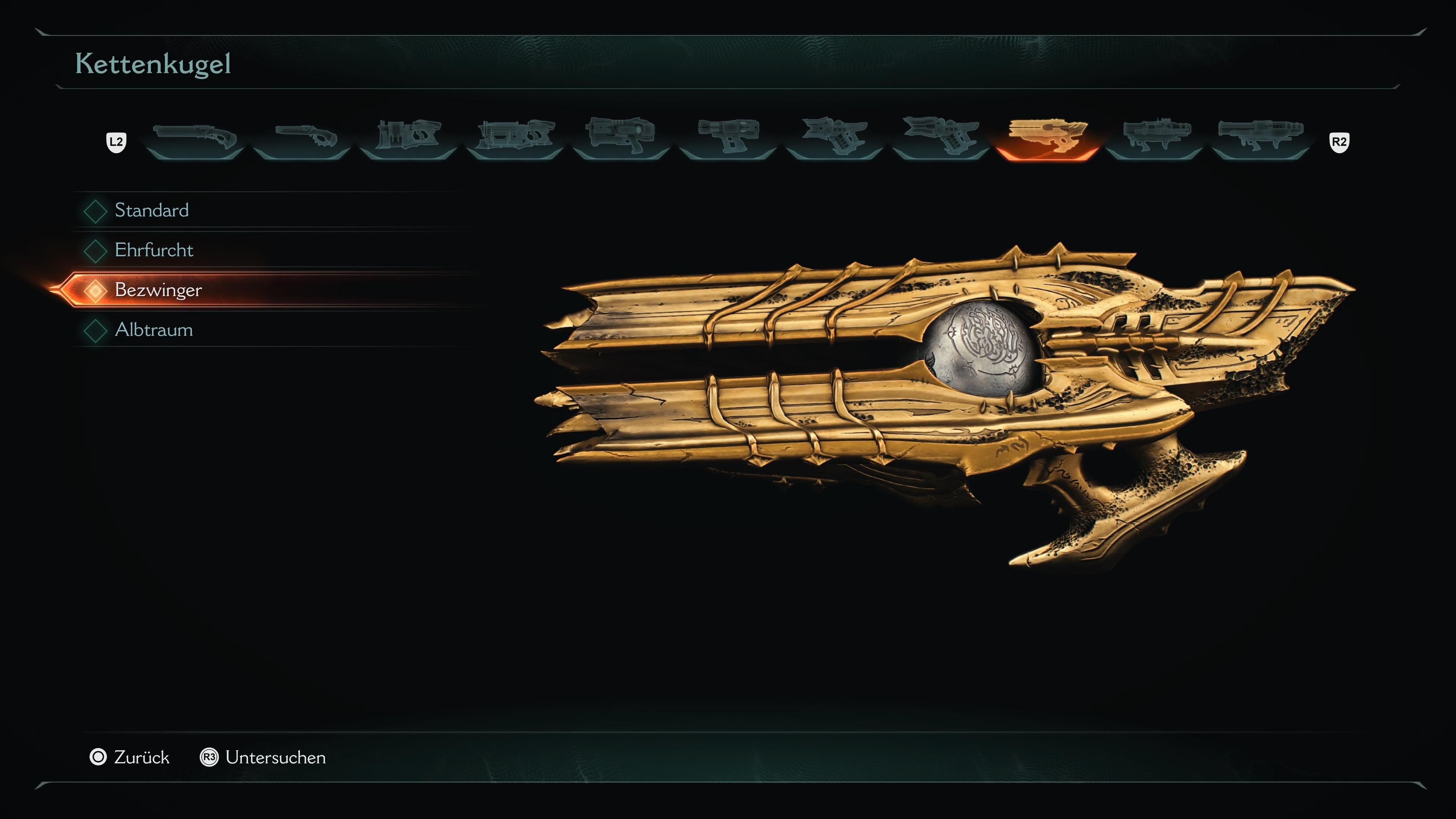 Das Bild zeigt die Waffe Kettenkugel mit dem goldenen Bezwinger-Skin.