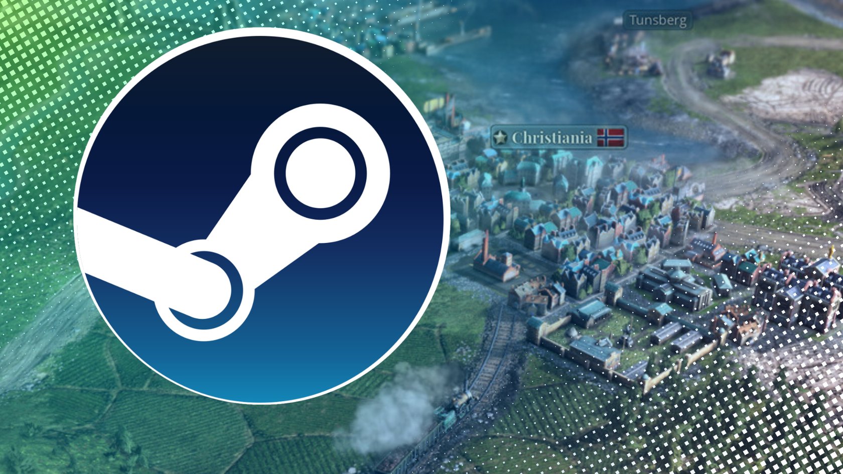 Stadt in Nahaufnahme aus Victoria 3, im Vordergrund das Steam-Logo.