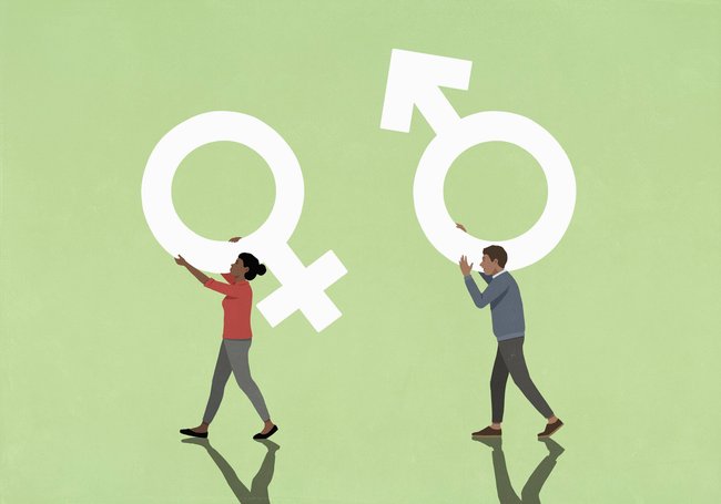 Couple carrying gender symbols on green background