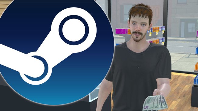 Screenshot aus TCG Card Shop Simulator, der einen Mann mit Geldscheinen zeigt, im Vordergrund das Steam-Logo