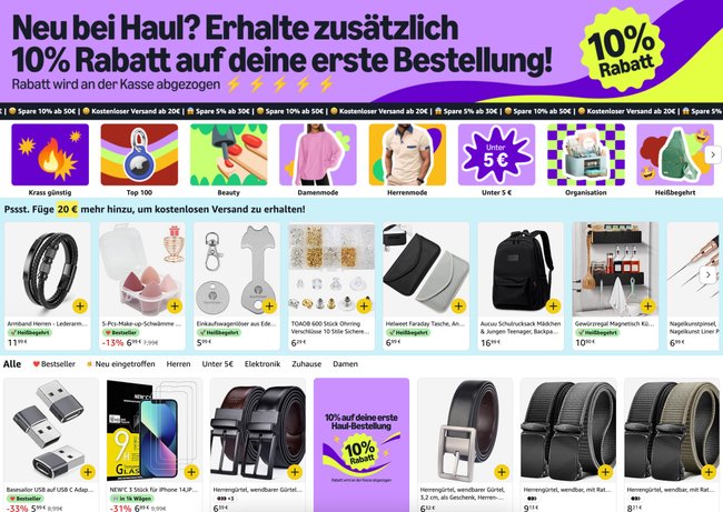 Die Rabattseite bei Amazon Haul