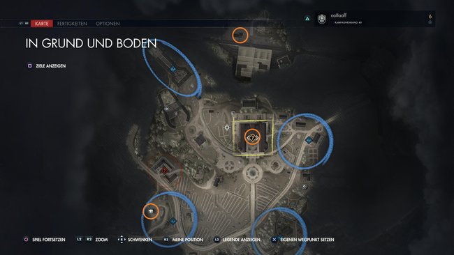 Das Bild zeigt die Map der Mission „In Grund und Boden“, worauf die Fundorte der Steinadler markiert sind.