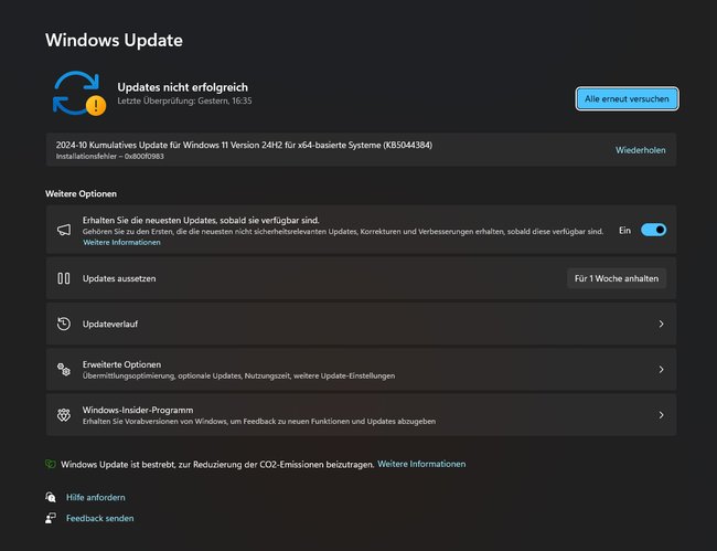 Ein Screenshot aus dem Update-Menü von Windows 11