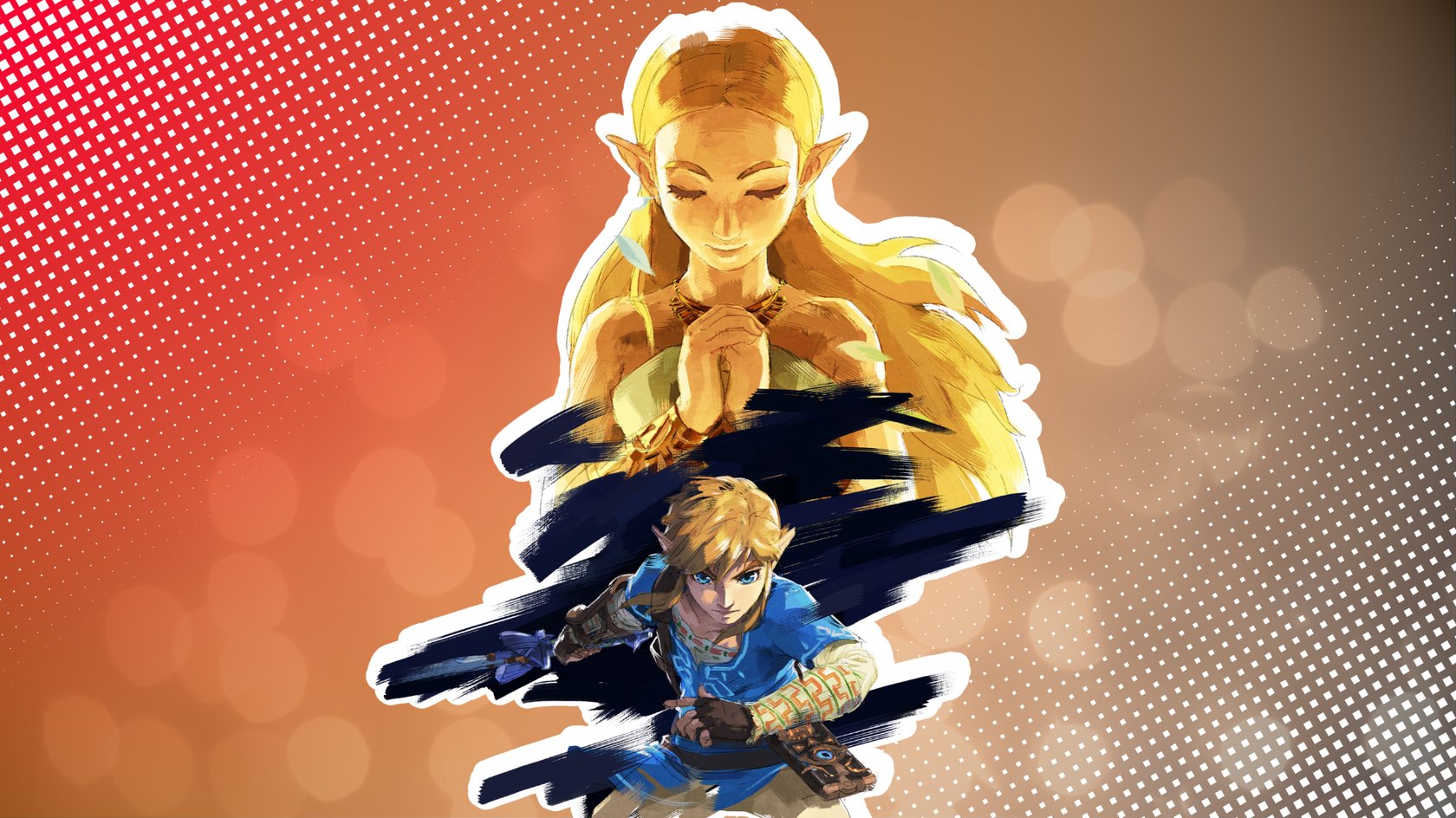 Illustration von zwei Figuren vor einem orangefarbenen Hintergrund mit weissen Punkten. Die obere Figur hat langes blondes Haar, spitze Ohren und trägt goldene Accessoires sowie ein helles Kleid. Ihre Hände sind vor der Brust gefaltet. Die untere Figur ist in Blau gekleidet, hält ein Schwert in der rechten Hand und trägt einen Armschutz mit detaillierten Mustern. Dunkle Pinselstriche trennen die beiden Figuren visuell.