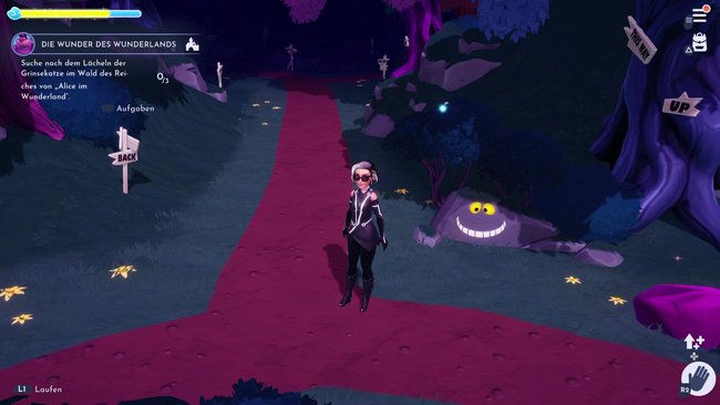 Lächeln der Grinsekatze auf einem Felsen in Disney Dreamlight Valley