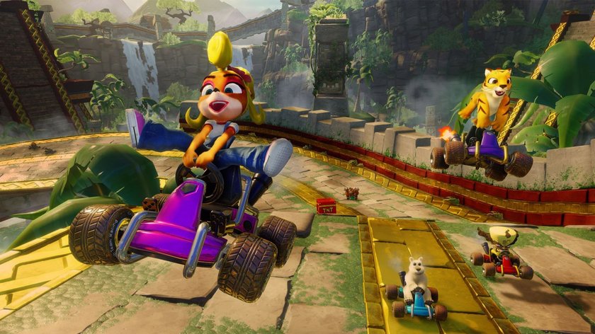 Das Bild zeigt ein Rennen in Crash Team Racing Nitro-Fueled. Mehrere Karts befinden sich in der Luft.