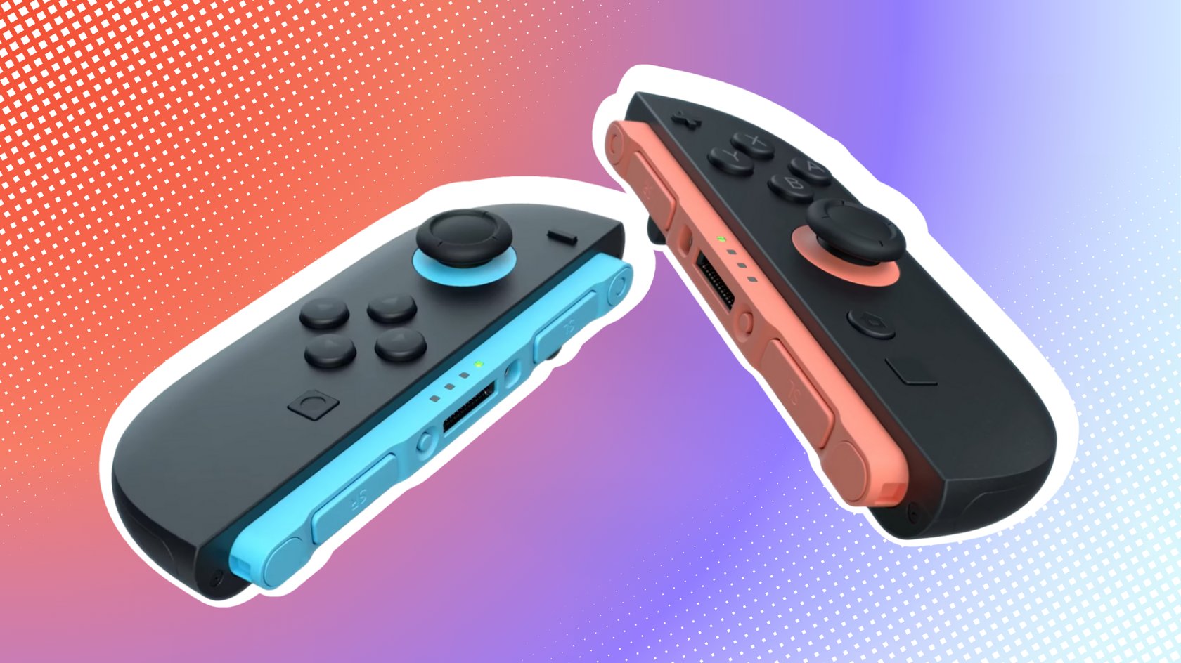 Joy-Cons der Nintendo Switch 2 vor einem roten Hintergrund.