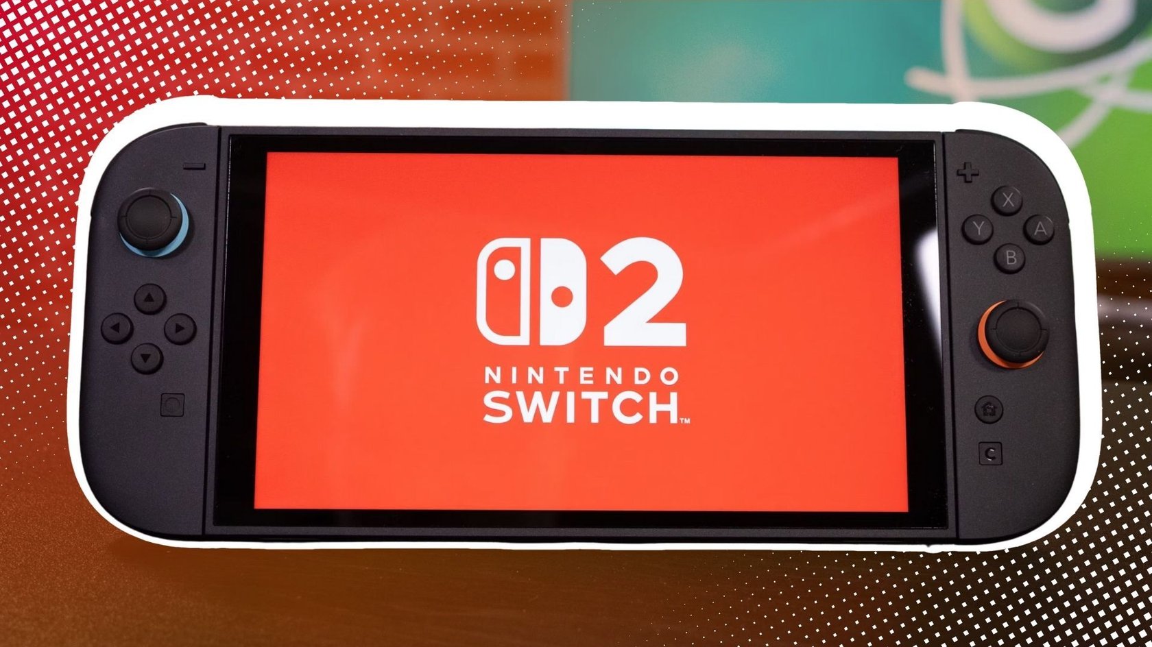 Frontansicht der Nintendo Switch 2 mit rotem Display.