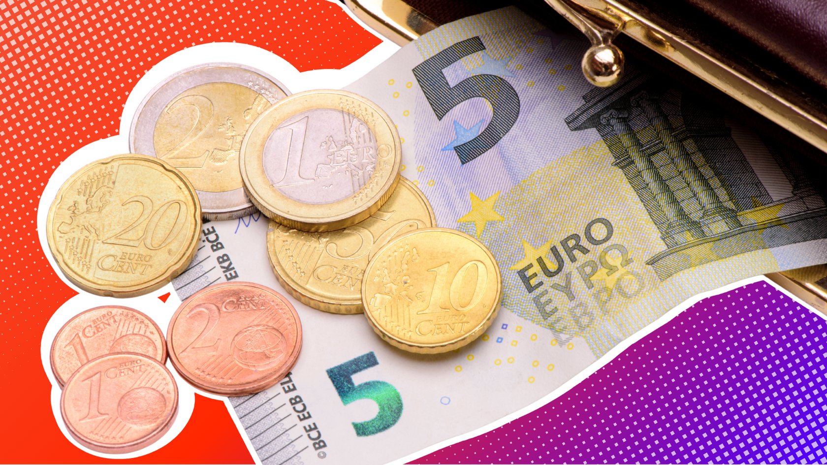 Euro-Münzen und 5-Euro-Schein mit Geldbörse