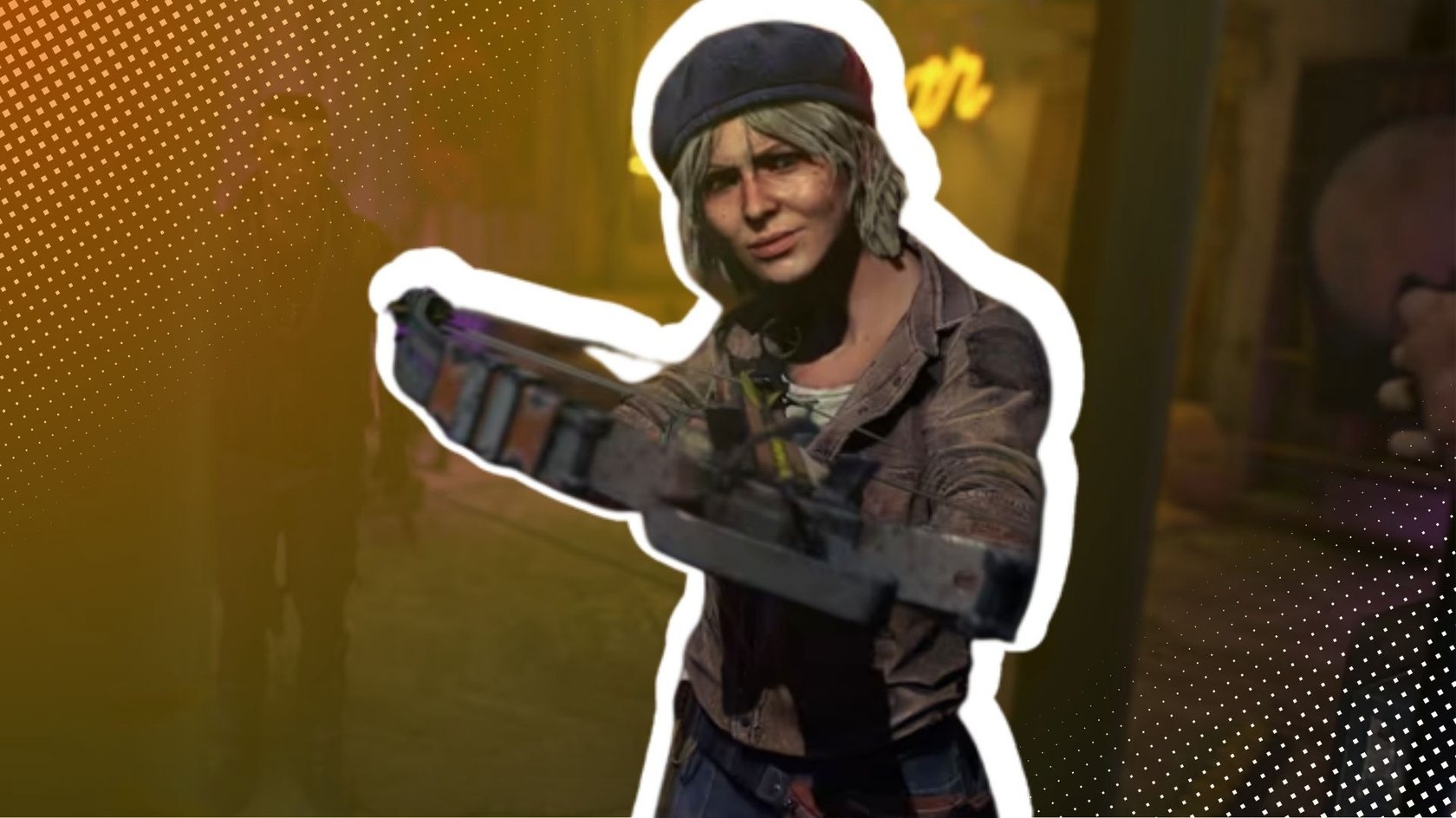 Sophie, ein Charakter aus Dying Light 2, bewaffnet mit einer Armbrust, die auf den Spieler gerichtet ist.